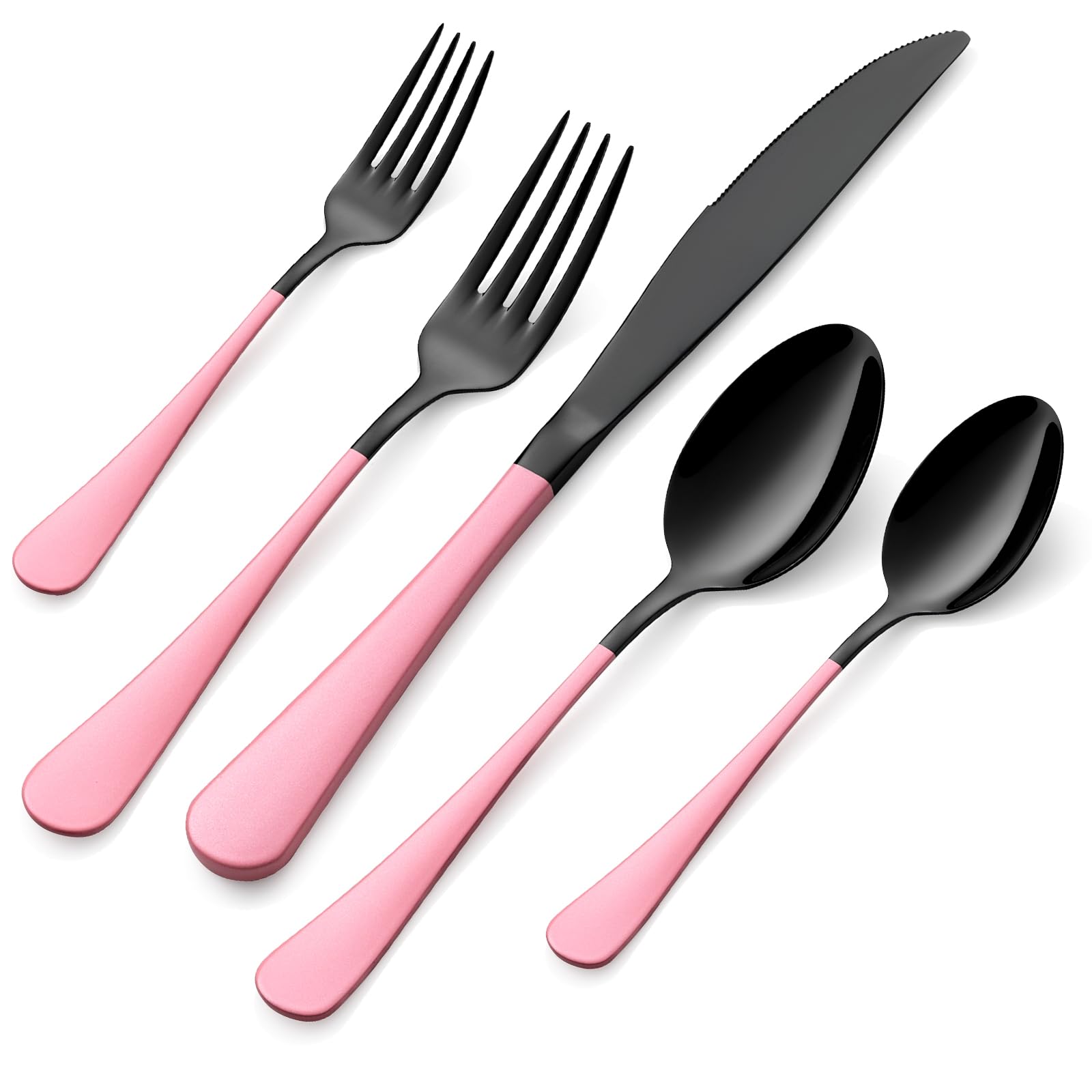 20-Pieces Blac and Pink Silverware Sets for 4,Pink Handle Stainless Steel Cutlery Set, Include Forks Spoons and Knives Set, Dishwasher Safe Utensil Sets for Home Restaurant