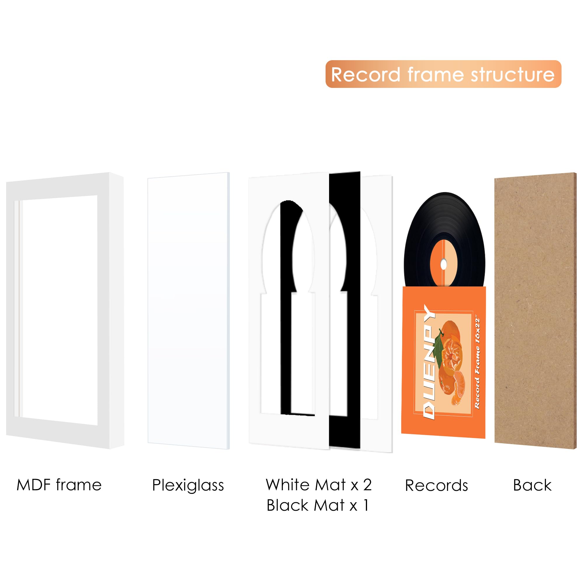 DUENPY Vinyl Record Display Frame 16x22 Inches Display Record Album and 12.5x12.5 Album Cover Art（Black Bottom Mat） Wall Mount
