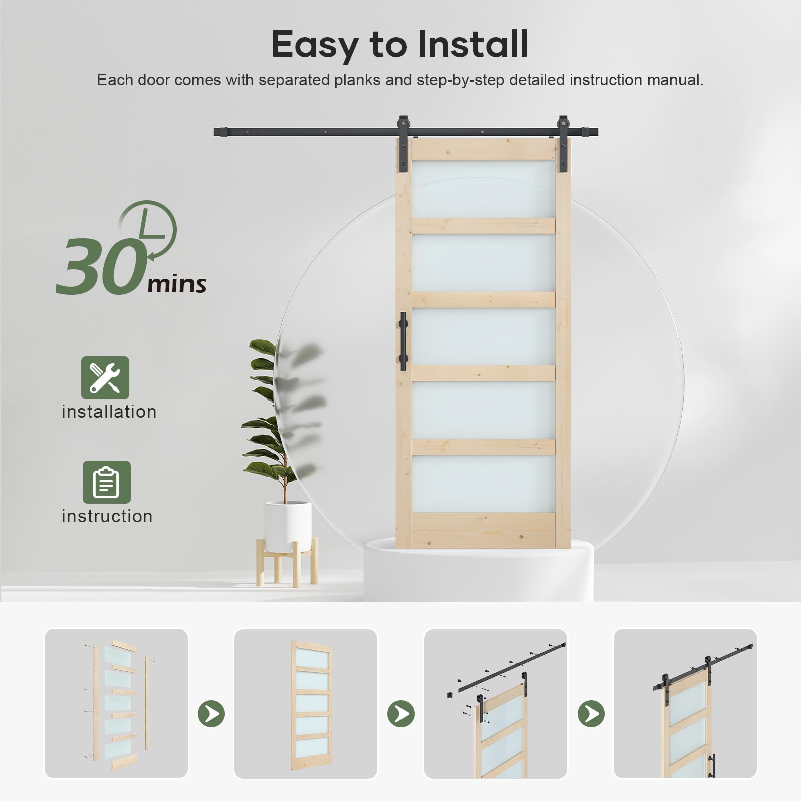 Double 18×84 inch Glass Sliding Barn Door Slab with 6.6ft Hardware Kit Included, 5-Panel Frosted Glass, Spruce Wood Support DIY Dyeing, Easy Assembly