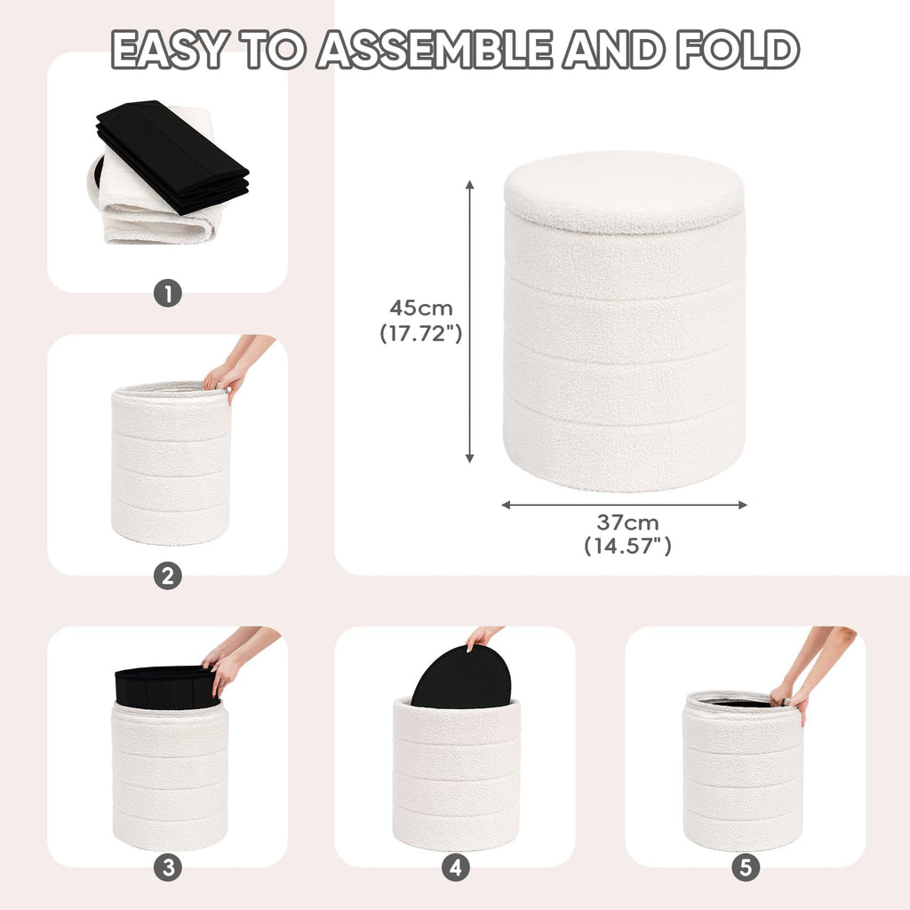 PINPLUS Round Storage Ottoman Foot Rest Stool with Tray Velvet Sherpa Folding Storage Ottoman,Boucle Foot Rest for Living Room, Bedroom, Dorm（Beige）