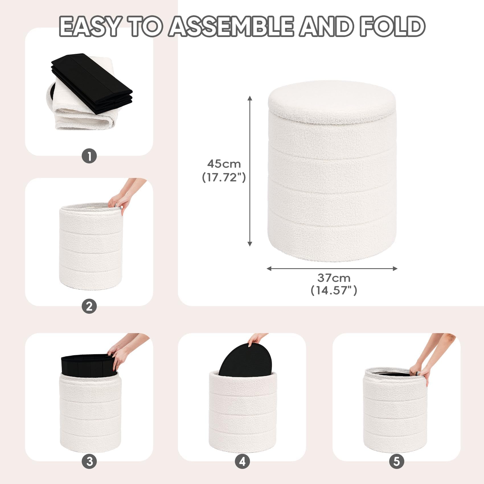 PINPLUS Round Storage Ottoman Foot Rest Stool with Tray Velvet Sherpa Folding Storage Ottoman,Boucle Foot Rest for Living Room, Bedroom, Dorm（Beige）