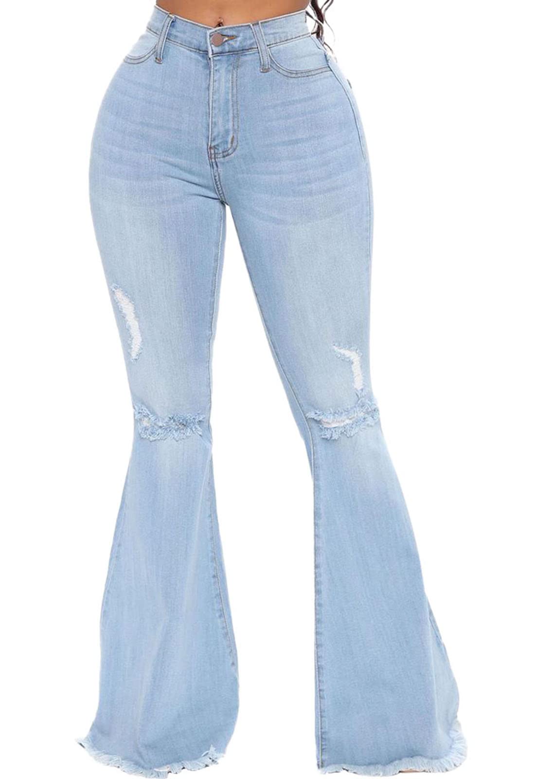 CutieLove Women's Ripped Jeans Bell Bottom Flare Jeans Mid Rise Destroyed Hem Denim Pants