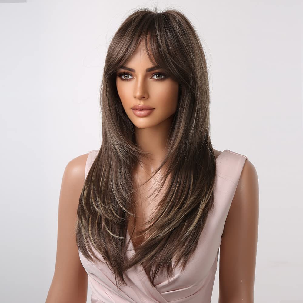 HAIRCUBE Auburn Wigs for Women,Long Layered Orange Wigs with Bangs Heat Resistant Synthetic Fibre Wigs(pelucas de cabello natural)