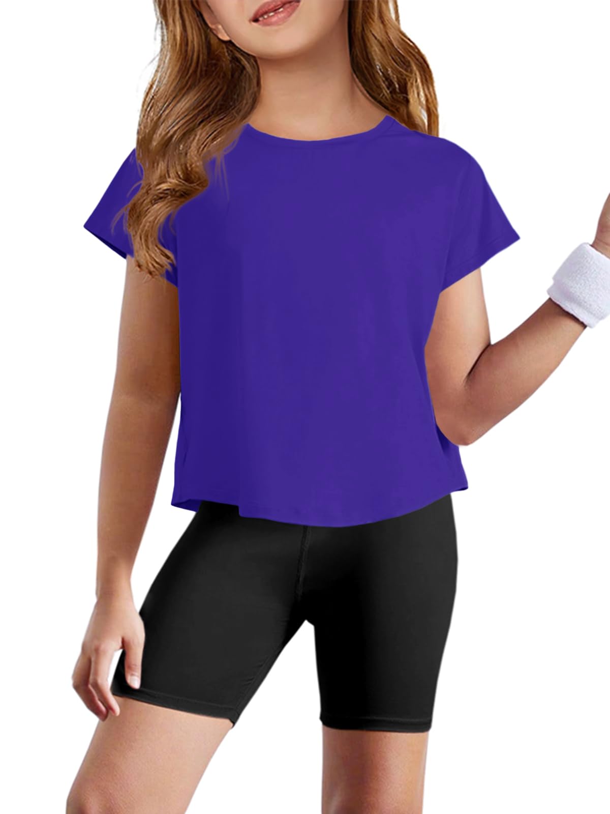 Haloumoning Girls Loose Athletic Shirts Short Sleeve Crop Tops Kids Quick Dry Gym Yoga Tees 5-14 Years