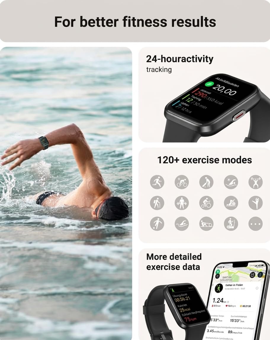 Tensky Smart Watch for Men/Women Android/iPhone/Samsung, Alexa Built-in, 1.8" Touch Screen Fitness Tracker with Answer/Make Calls, 3ATM Waterproof Heart Rate/Sleep/SpO2 Monitor, 120+ Sport Modes