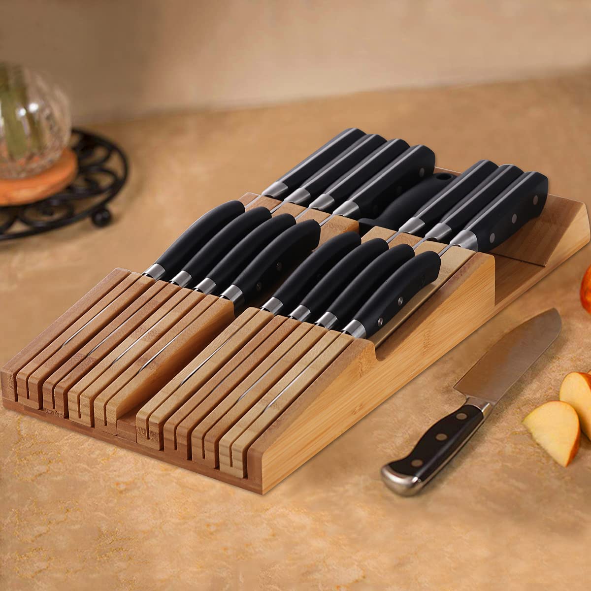 NIUXX Bamboo In-Drawer Knife Block Set for 9 Knives(Not Included), Large Kitchen Detachable Washable Cutlery Slot Organizer Storage Holder for Sharpening Steel and Cutter