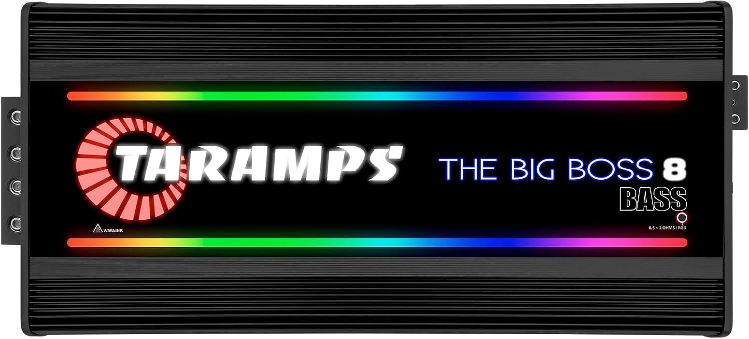 Taramps The Big Boss 8 Bass Black Color Amplifier 0.5 to 2 Ohms 8000 Watts RMS 108 RGB Effects, Multi Impedance, Monoblock Class D, Smart 8k Car Audio