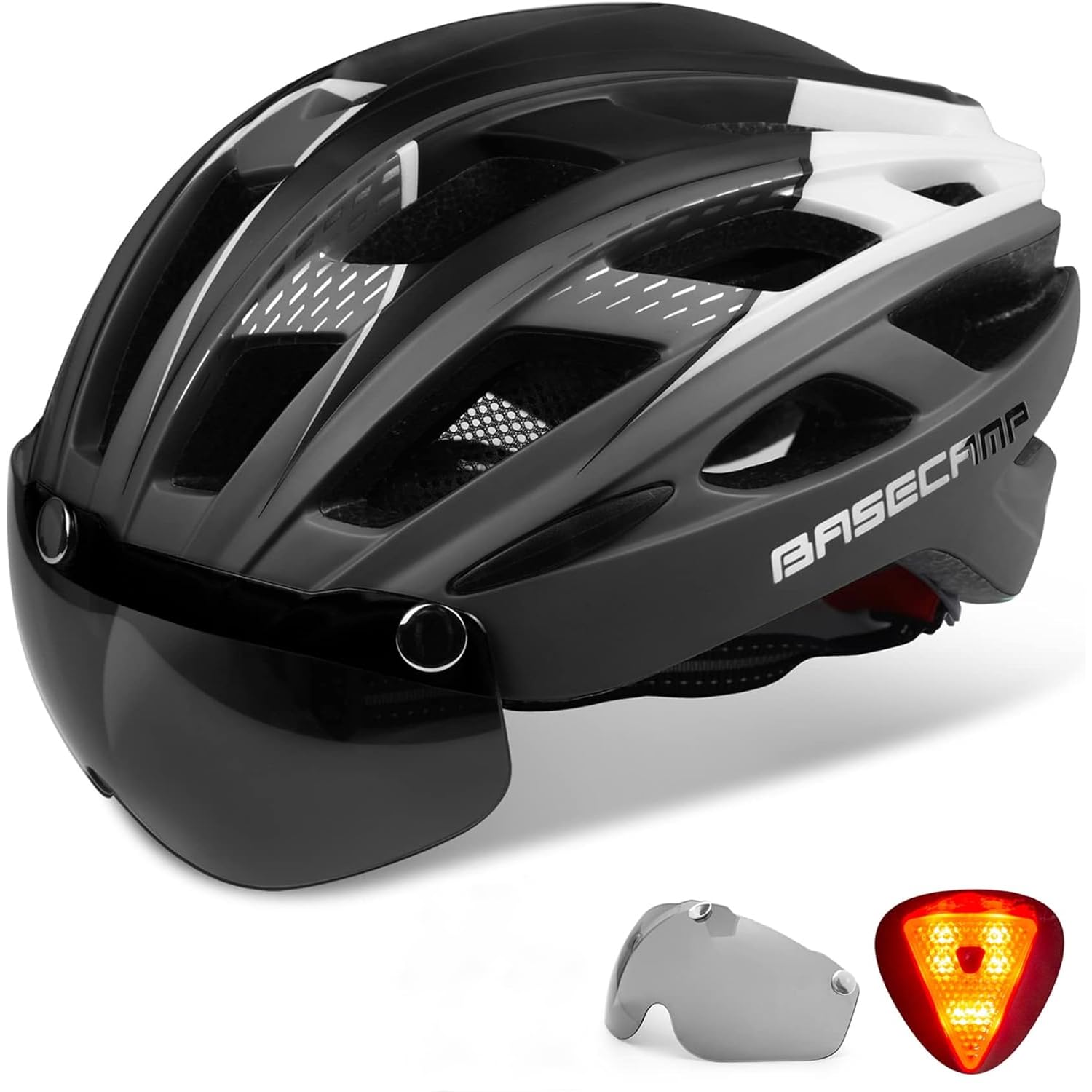 Bike Helmet, Basecamp Bicycle Helmet with Rear Light & Detachable Magnetic Goggles Lightweight Cycling Helmet Adjustable for Adult Men Women Mountain & Road (BC-069)