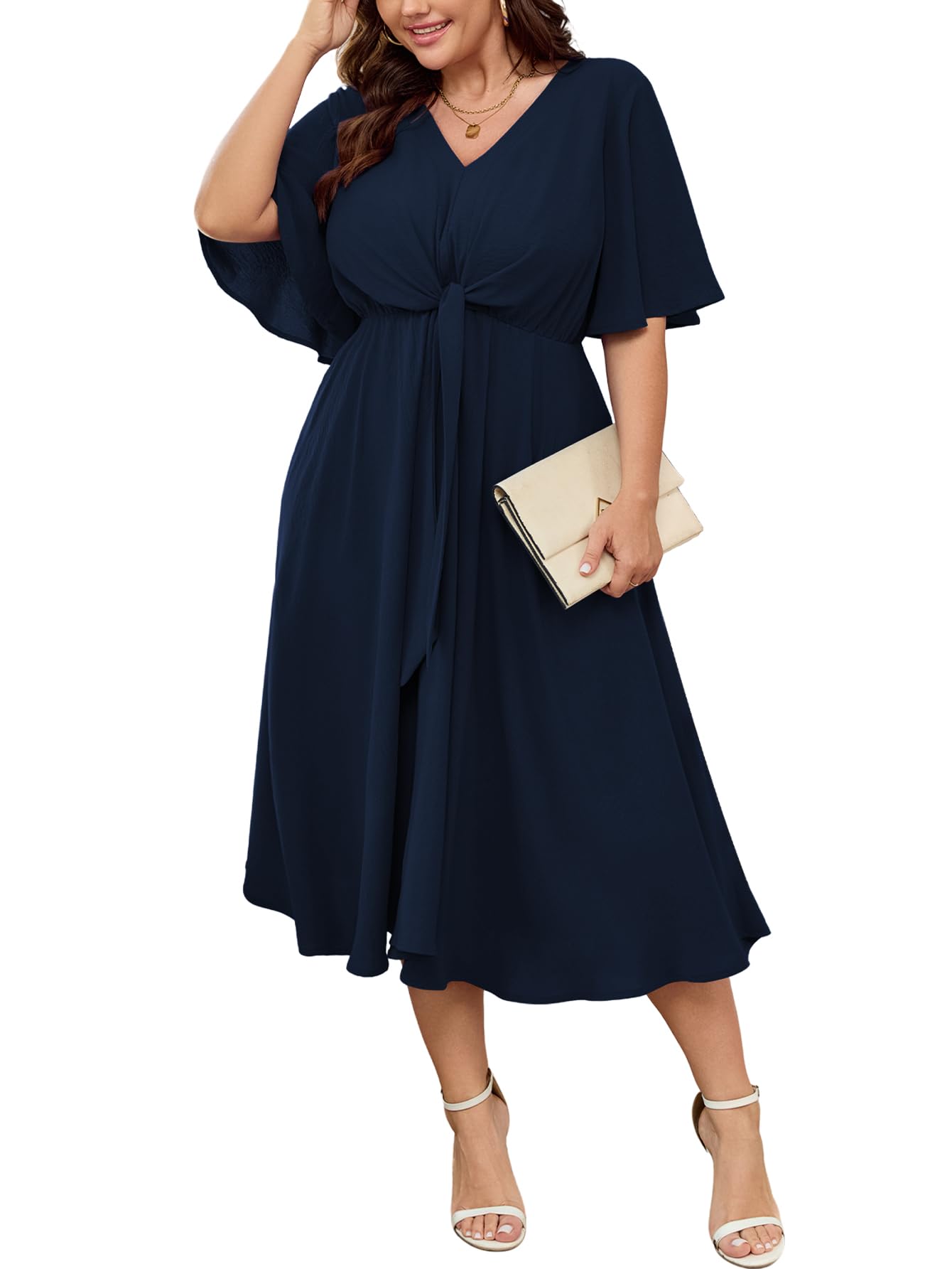 SCOMCHIC Women Plus Size Midi Dresses Wedding Guest Short Sleeve V Neck Tie Waist Casual Summer Flowy A Line Dress
