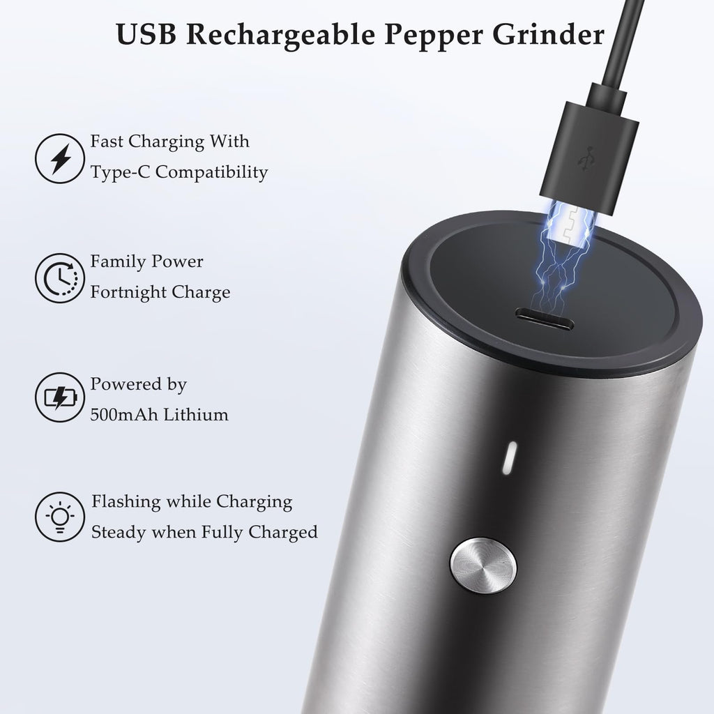 Electric Salt and Pepper Grinder Set, USB Rechargeable, Automatic Salt and Pepper Mill Grinder with Adjustable Coarseness, Electric Salt Shakers, LED Light, Refillable (2 Packs, Black)
