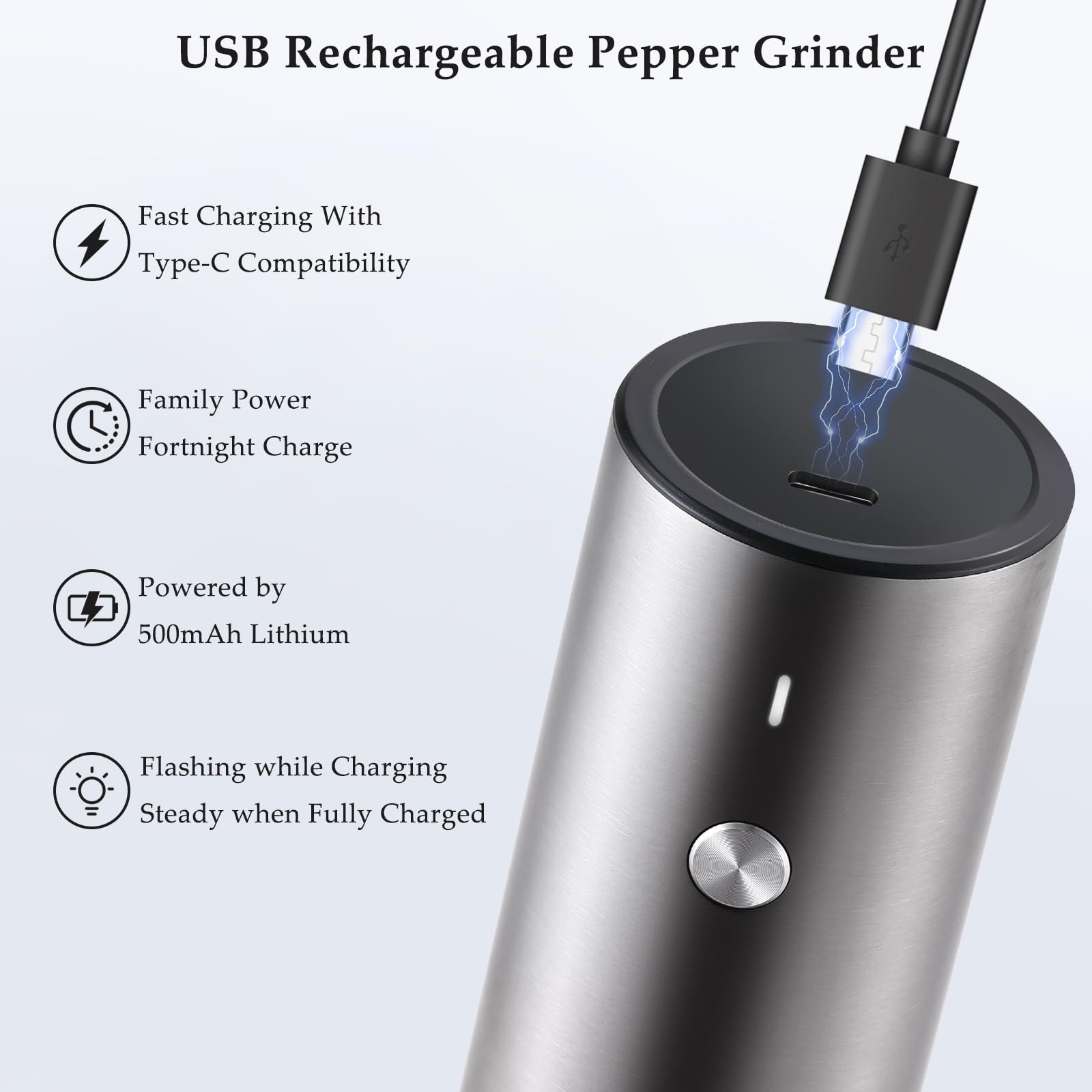 Electric Salt and Pepper Grinder Set, USB Rechargeable, Automatic Salt and Pepper Mill Grinder with Adjustable Coarseness, Electric Salt Shakers, LED Light, Refillable (2 Packs, Black)