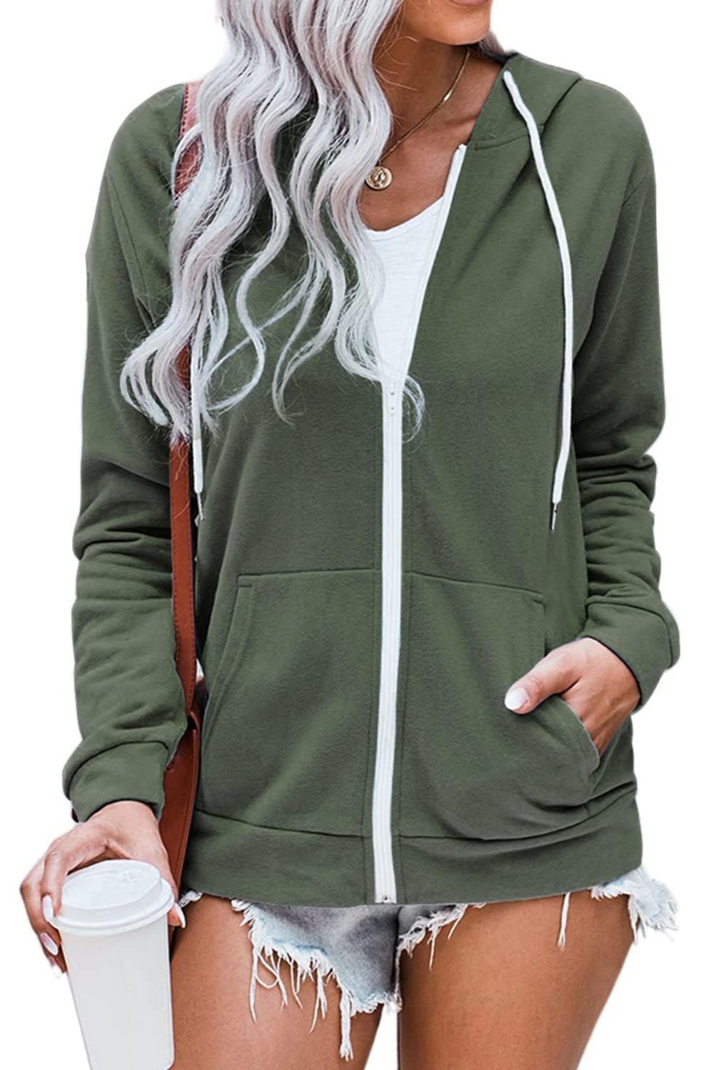 WROLEM Women Casual Full Zip Up Hoodie Comfy Loose Long Sleeve Sweatshirt Solid Color Jacket with Pockets