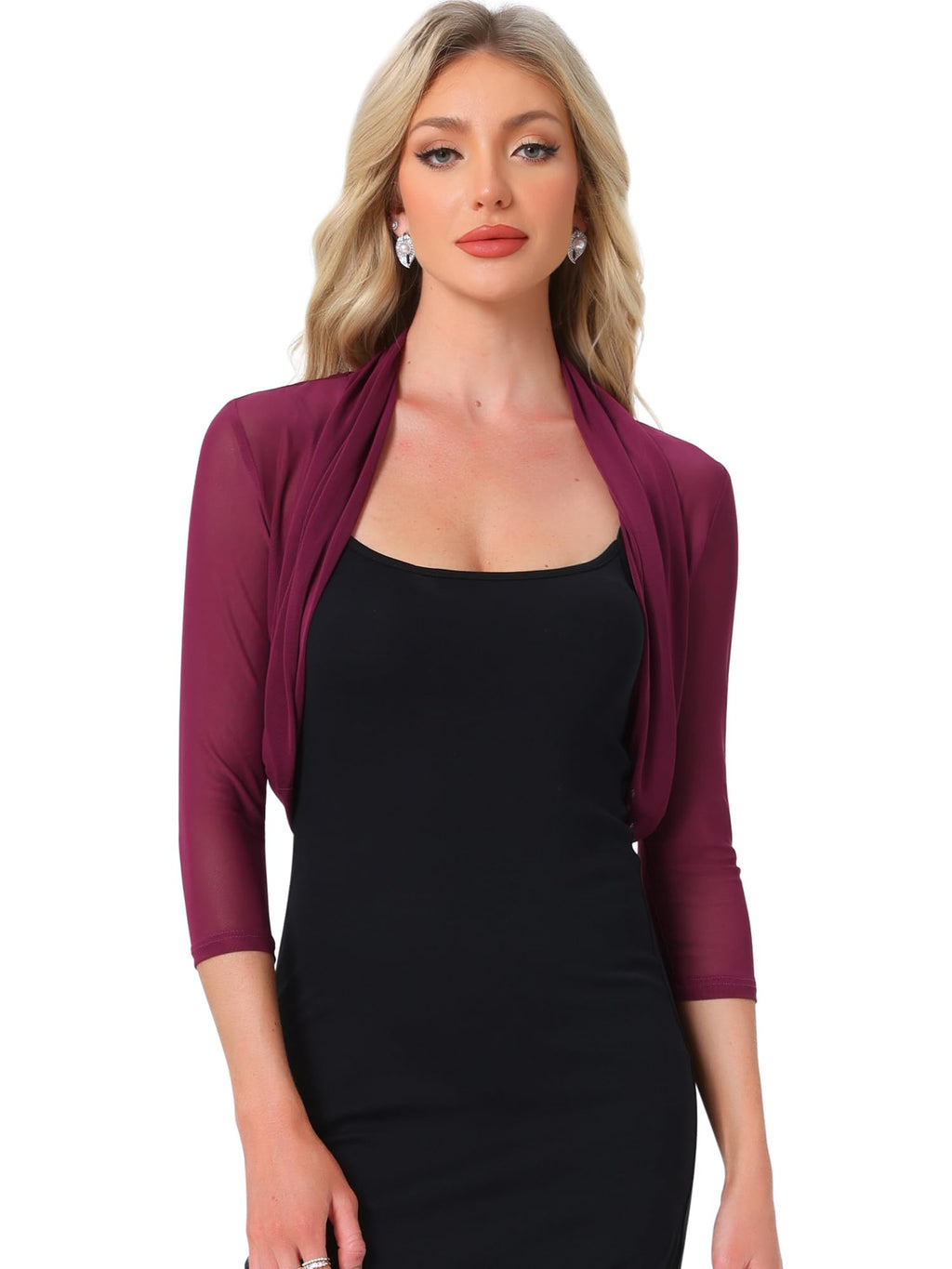 Allegra K Women's 3/4 Sleeve Sheer Mesh Shrug Open Front Cropped Bolero Cardigan
