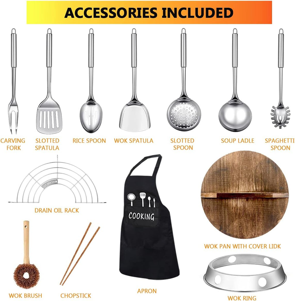 14 Piece Carbon Steel Wok Pan, Woks & Stir-Fry Pans Set with Wooden Lid Cookwares, No Chemical Coated Flat Bottom Chinese Pan for Induction, Electric, Gas, Halogen All Stoves - 12.6''