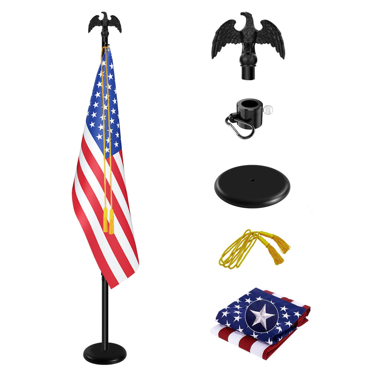 Indoor Flagpole with Base,Telescoping Flag Pole 6FT-8FT, Flagpoles Rotate 360 Degrees, 3X5 USA Flag-Heavy Duty Water Resistant Polyester Canvas Embroidered Stars. Suitable for Office, Auditorium, School, Use (1-pack)