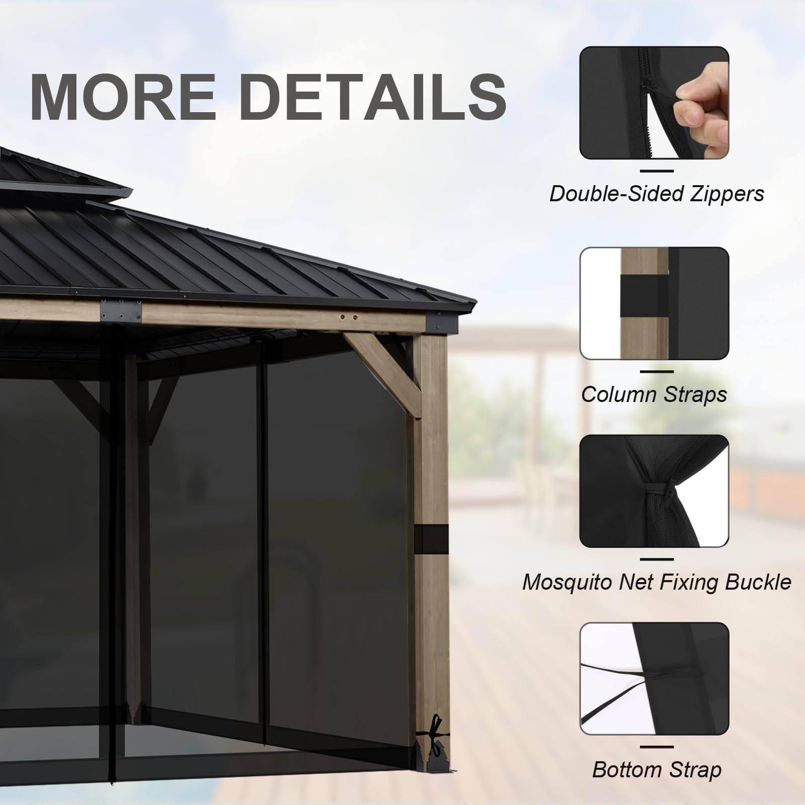 BPS 10' x 10' Gazebo Universal Mosquito Netting Screen Replacement, 4-Panel Mesh Screen Walls with Double Zippers for Outdoor Patio, Khaki (Mosquito Net Only)