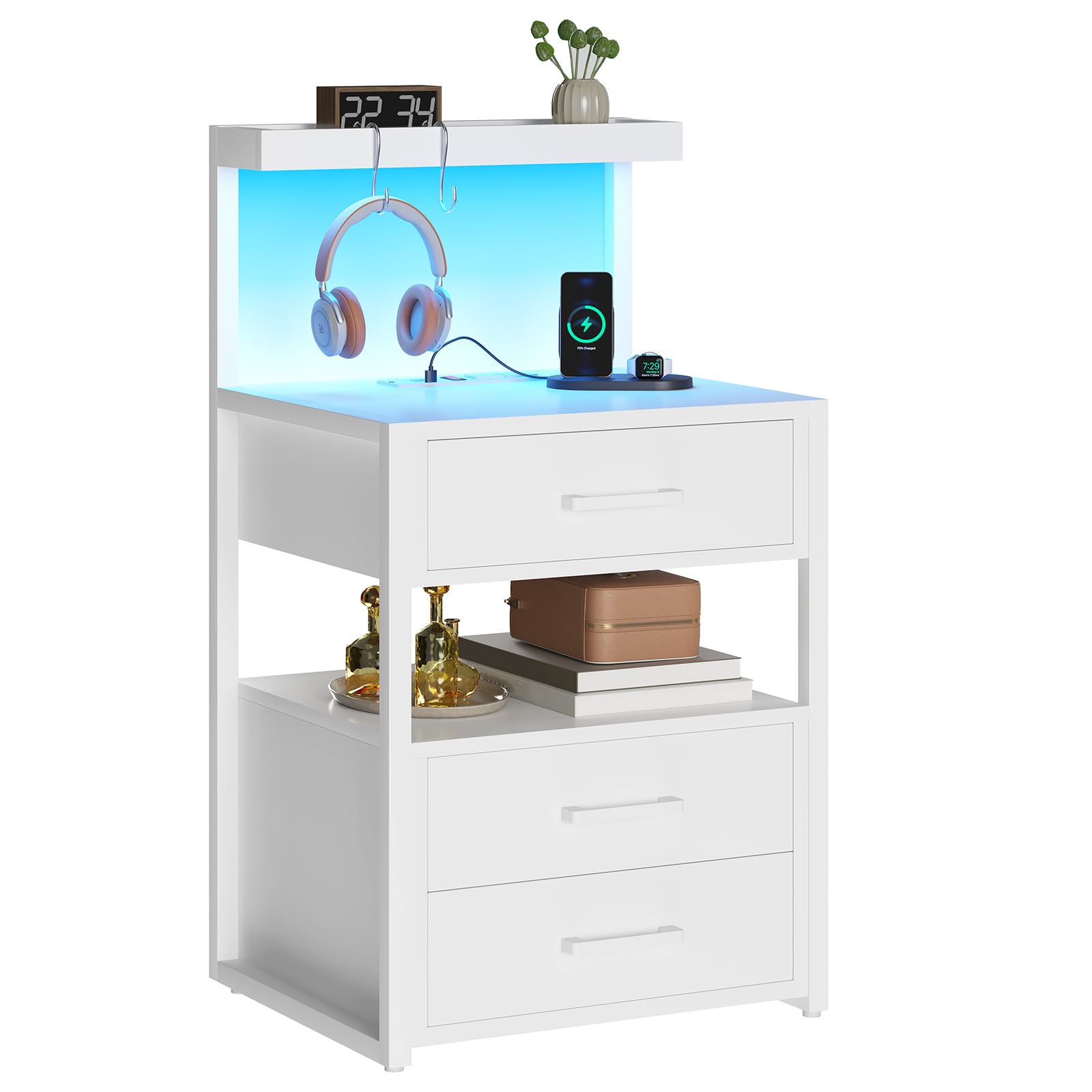 VIAGDO Led Nightstand with Charging Station, 3 Drawers Night Stands with Led Lights, Black Bedside Tables with Storage Shelves, Modern End Side Tables for Bedroom, Office