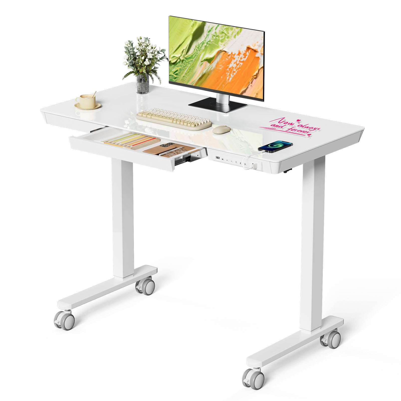 Glass Electric Standing Desk with Drawer, 35" x 20" Whole Piece Tabletop Samll Sit Stand Table, Height Adjustable Workstation with Storage & USB Ports, Quick Install Home Office Desk