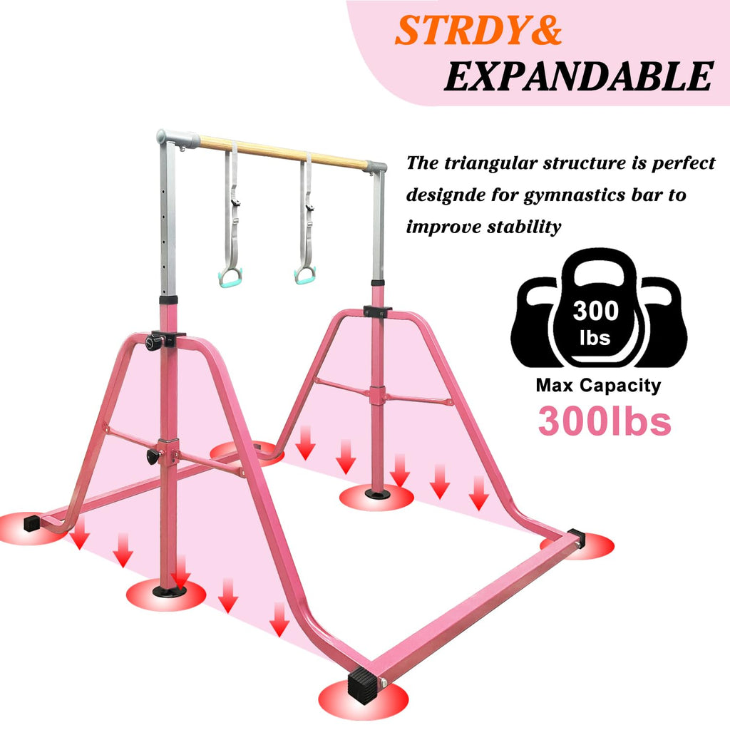 Foldable & Moveable Gymnastics Horizontal Bar with Rings,3’to 5’Adjustable Height Expandable Junior Kip Bar for Home,Indoor Gym Equipment for Kids