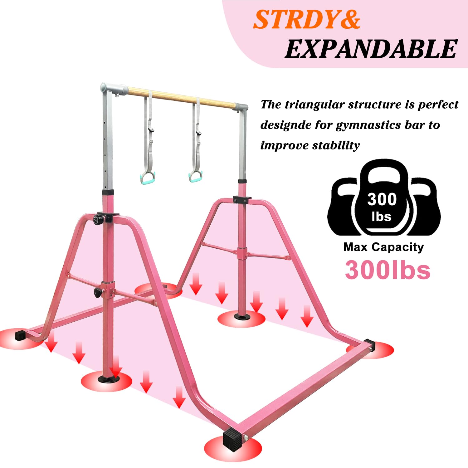 Foldable & Moveable Gymnastics Horizontal Bar with Rings,3’to 5’Adjustable Height Expandable Junior Kip Bar for Home,Indoor Gym Equipment for Kids
