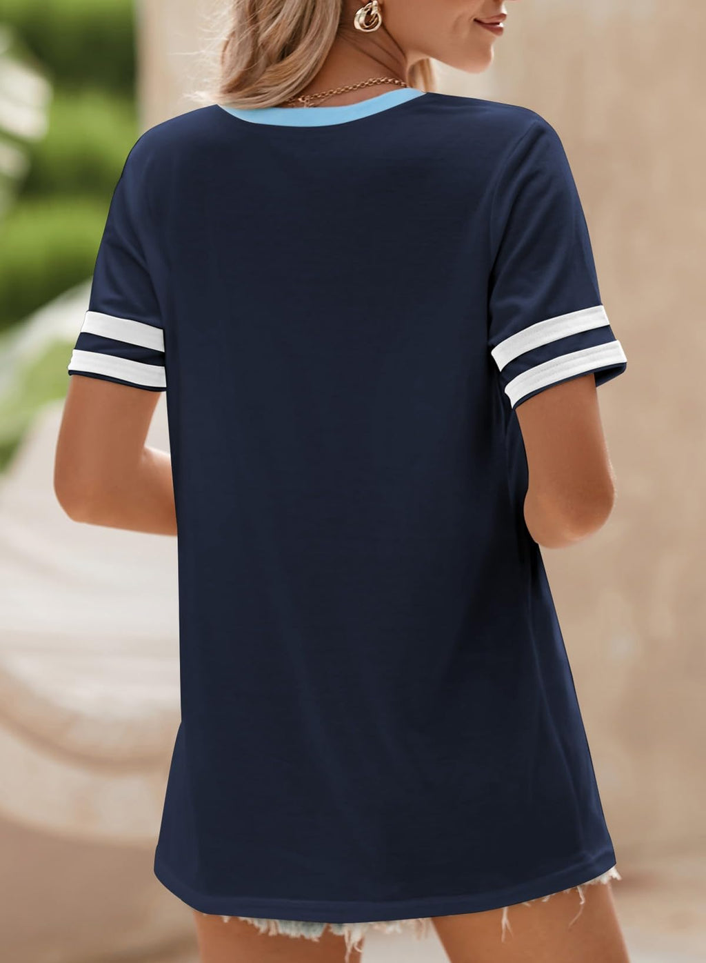 SHEWIN Women's Fashion Casual Crewneck Color Block T Shirts Short Sleeve Summer Tops Tees Slim Fit