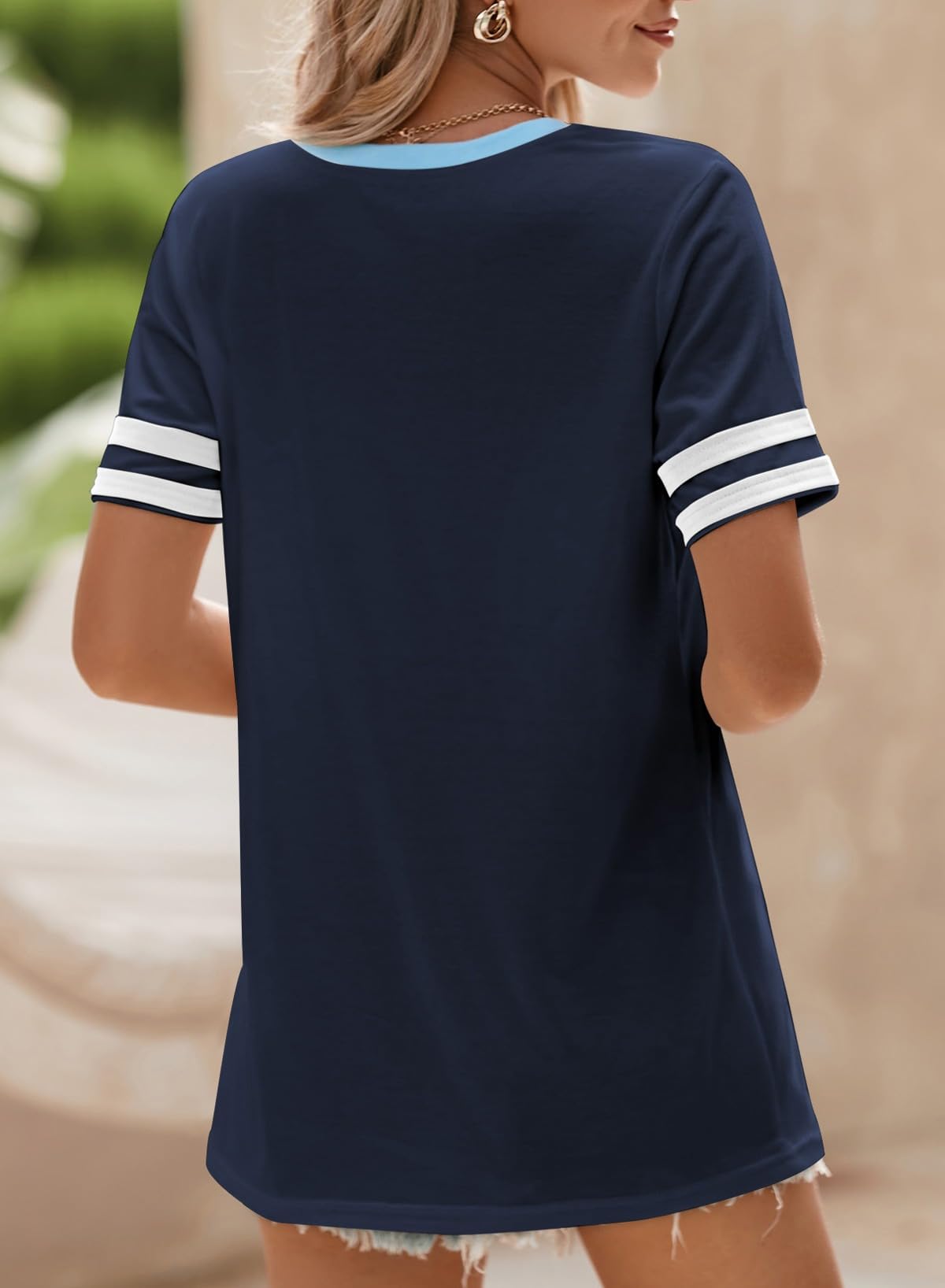 SHEWIN Women's Fashion Casual Crewneck Color Block T Shirts Short Sleeve Summer Tops Tees Slim Fit