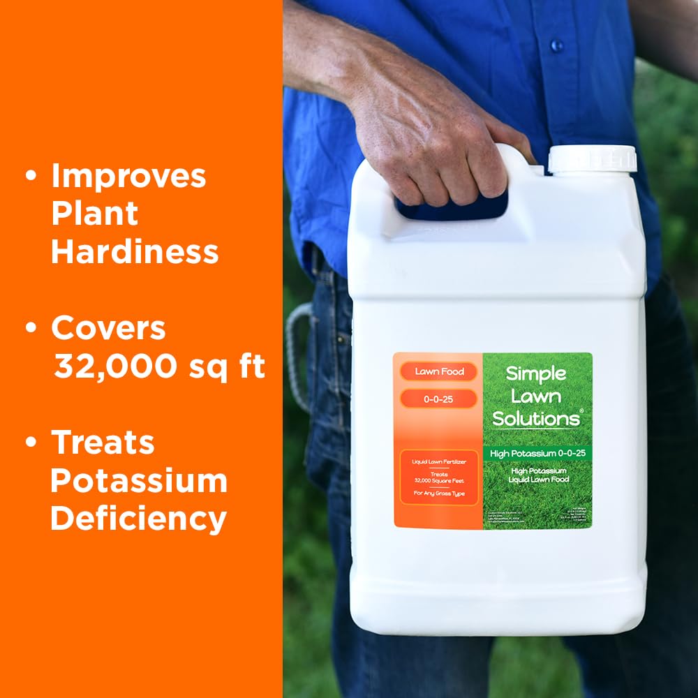 Simple Lawn Solutions - High Potassium Lawn Food Liquid Fertilizer 0-0-25 - Concentrated Spray - Turf Grass Vigor and Plant Hardiness - Summer and Fall - Any Grass Type (1 Gallon)