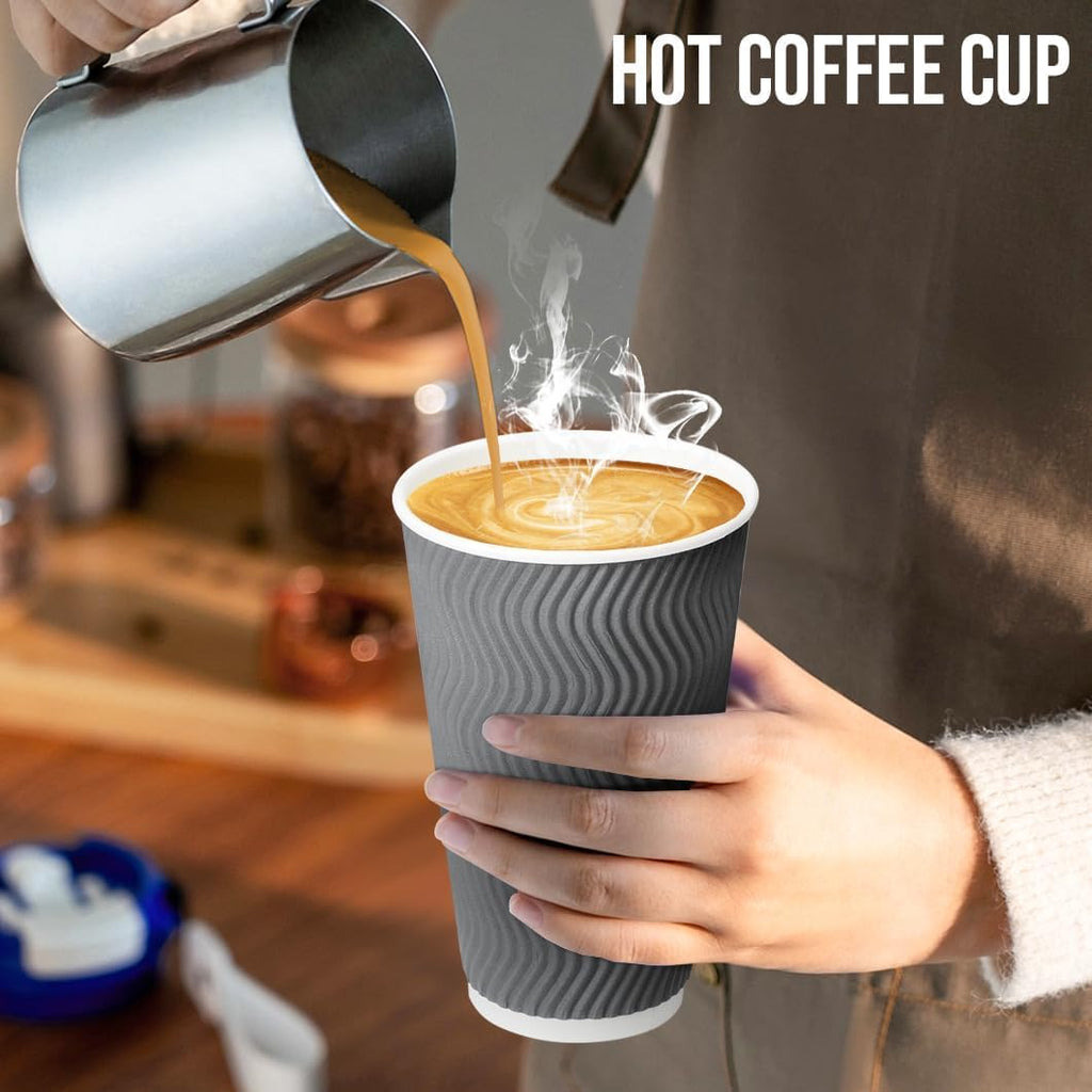 BYSNOW 100 Pack 10 oz Coffee Cups with Lids, Disposable Insulated Hot Cups To Go Paper Coffee Cups, Corrugated Ripple Wall Cup for Hot Drink, Office, Coffee Bar (Grey 10 oz)