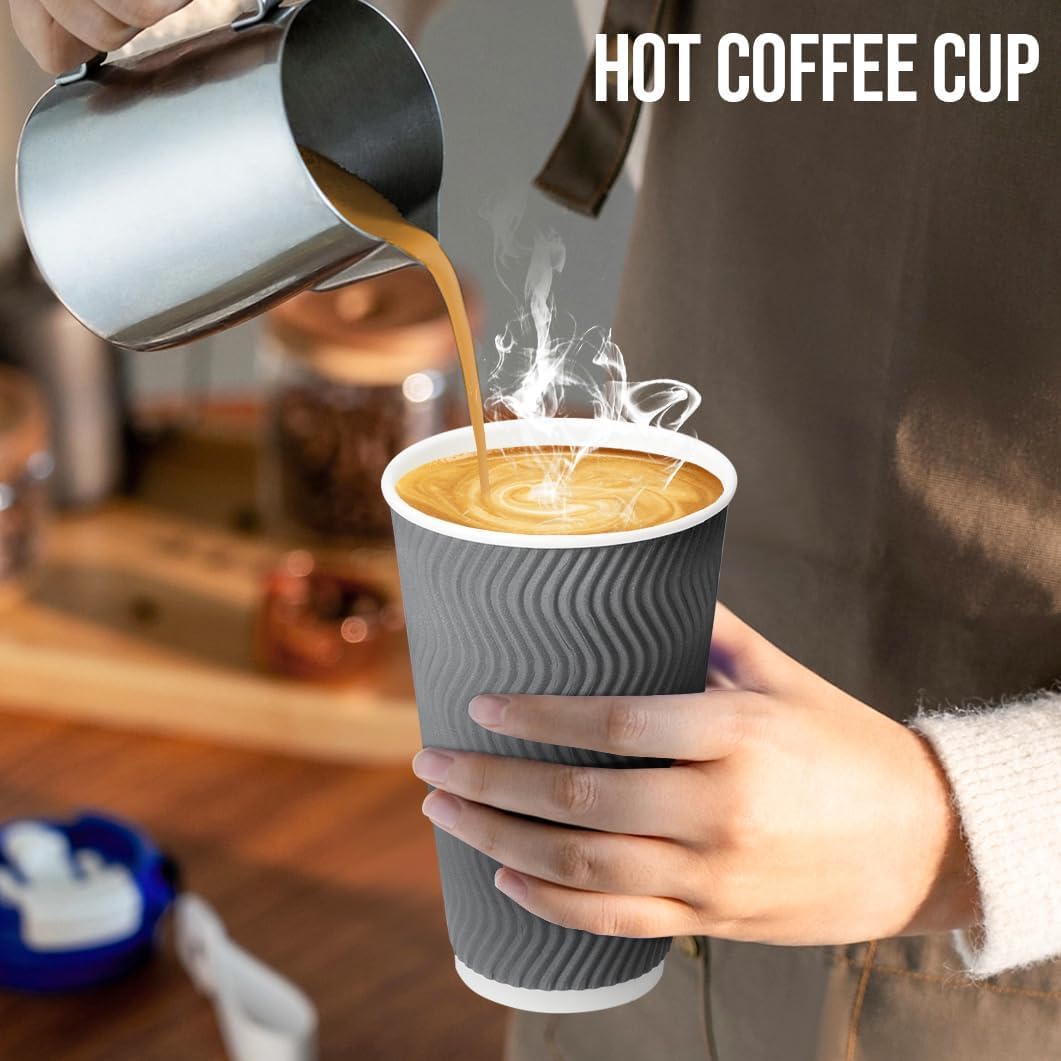 BYSNOW 100 Pack 10 oz Coffee Cups with Lids, Disposable Insulated Hot Cups To Go Paper Coffee Cups, Corrugated Ripple Wall Cup for Hot Drink, Office, Coffee Bar (Grey 10 oz)