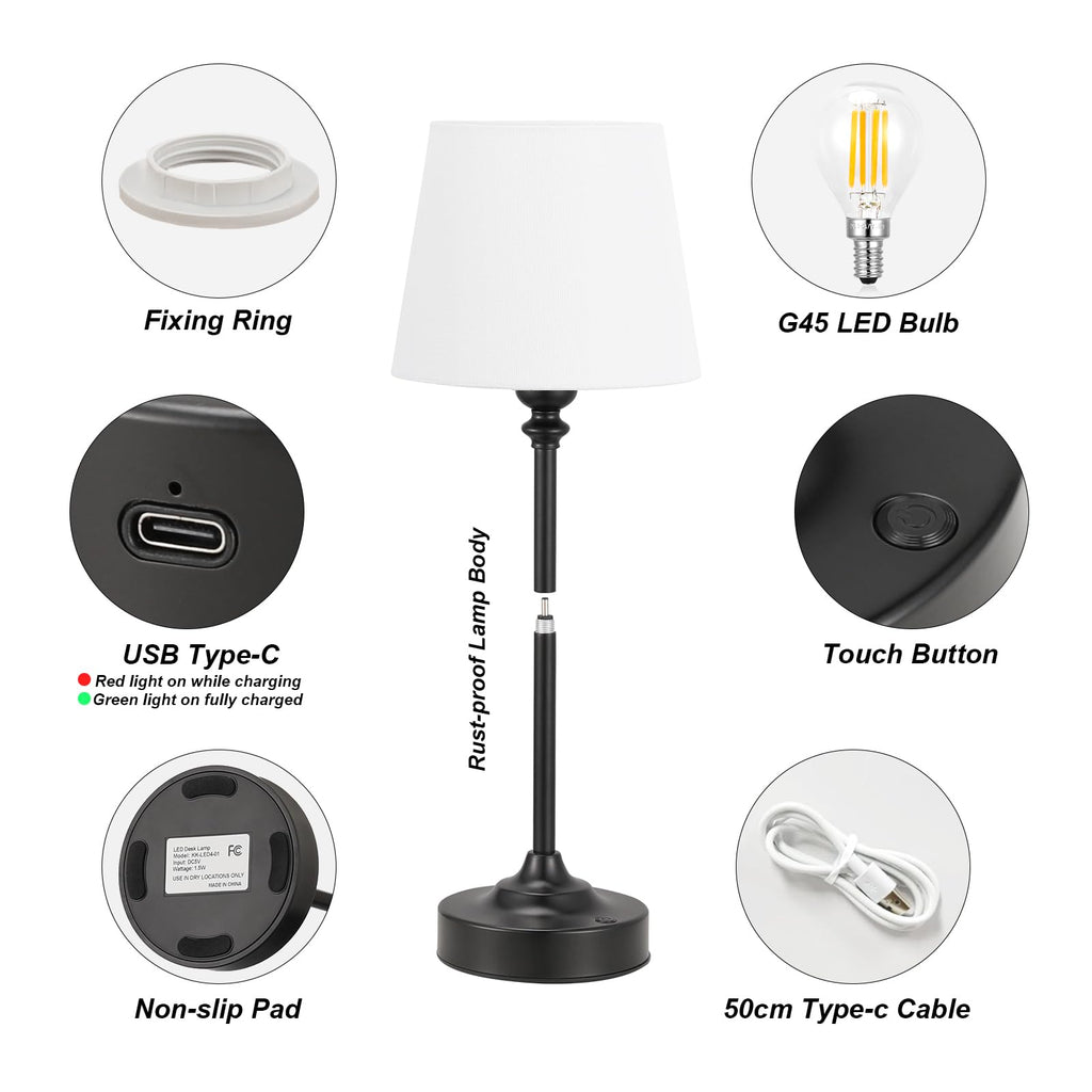 Touch Control Cordlss Table Lamp, USB-C Rechargeable Lamp with Stepless Dimming, 4000mAh Battery Operated Bedside Lamp for Bedroom, Living Room, Night Light & Emergency Lighting, Black, 1 Pack
