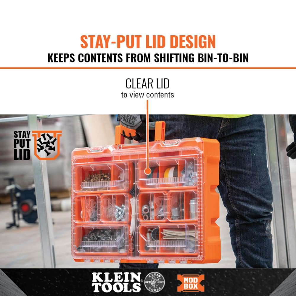 Klein Tools 54806MB MODbox Tall Compartment Box, Full-Width Tool Organizer, Small Parts Tool Box with 20 Compartments, 8 Removable Bins for Fasteners, Stackable Module