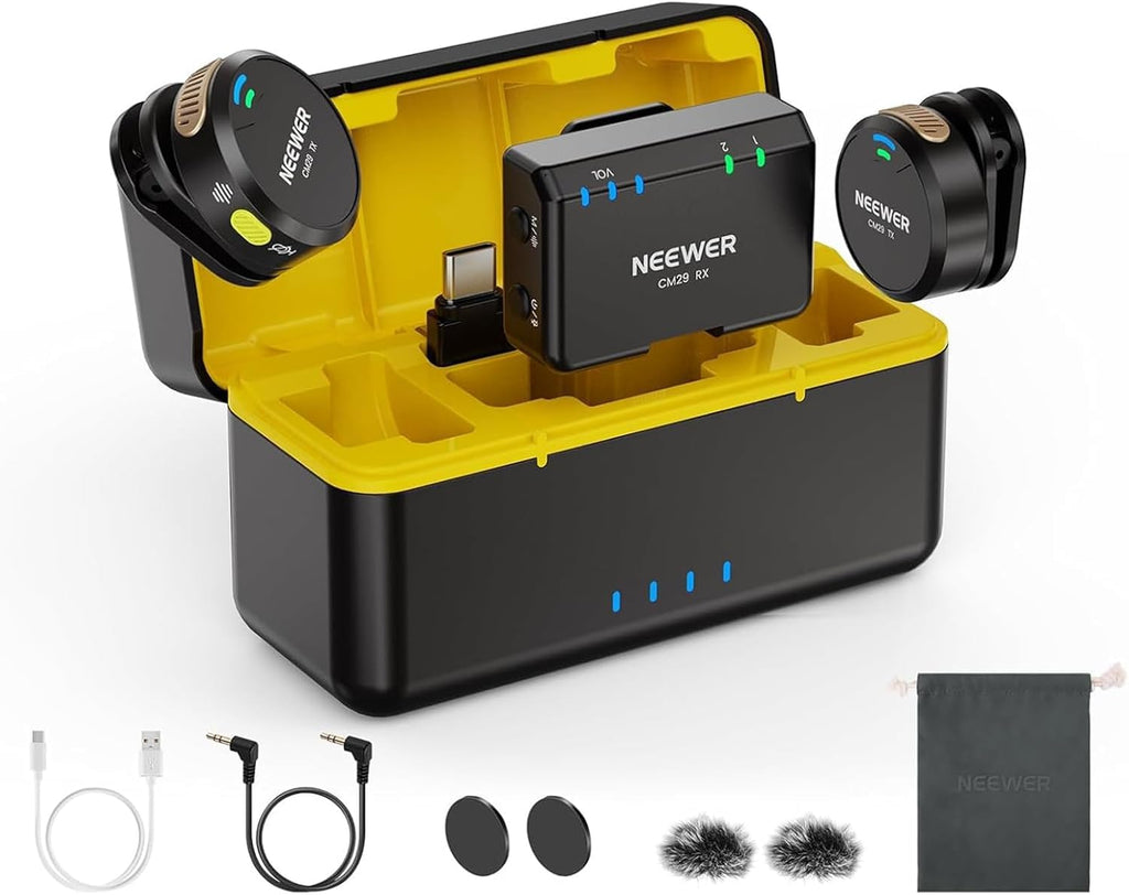 NEEWER CM28 Wireless Lavalier Microphone System, 1 Click Noise Canceling, 4GB Storage for 9Hrs of 48KHz 16 Bit Uncompressed Audio, Lapel Mic Compatible with iPhone/Android/PC/Camera/iPad