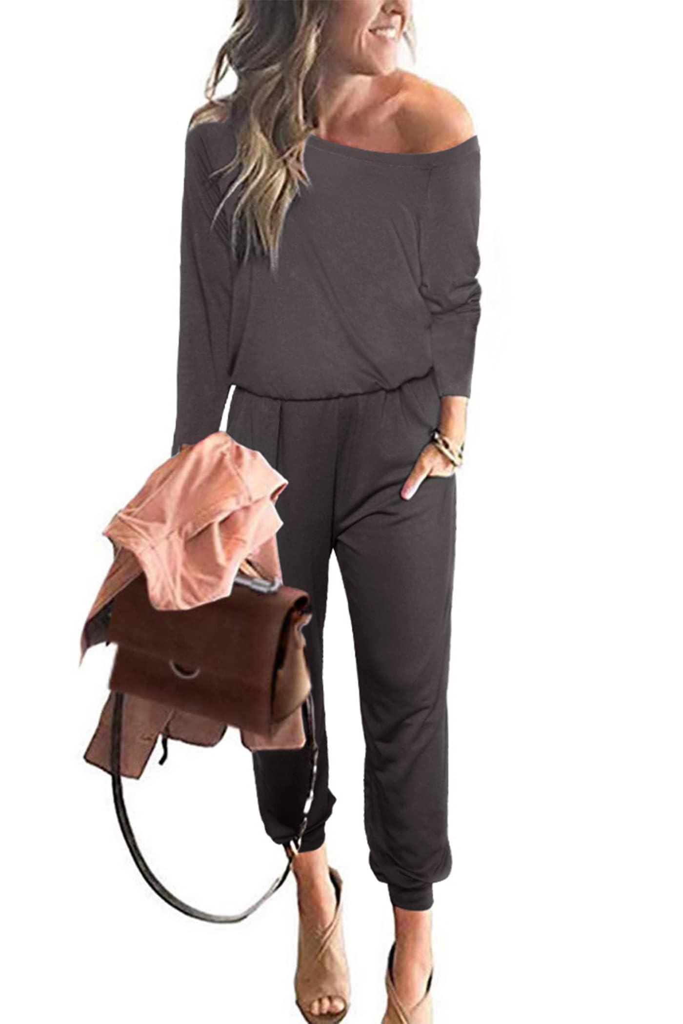 PRETTYGARDEN Jumpsuits for Women Casual 2026 Fall Long Sleeve Off Shoulder Rompers One Piece Travel Outfits Fashion Clothing