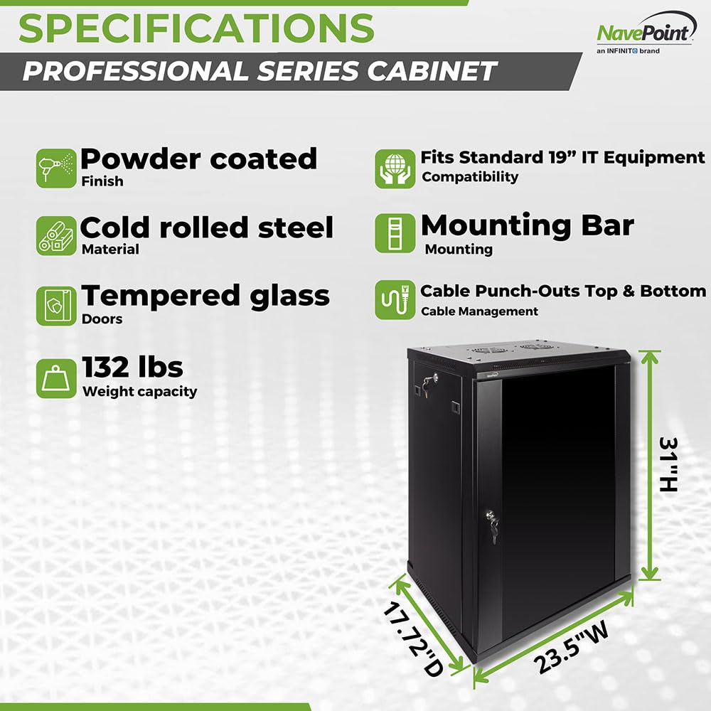 NavePoint 12U Server Rack Enclosure - 23.6” Deep, Wall Mount Network Cabinet with Locking Glass Door for 19” IT Equipment, Network Rack with 2 Fans, Removable Side Panels, Black