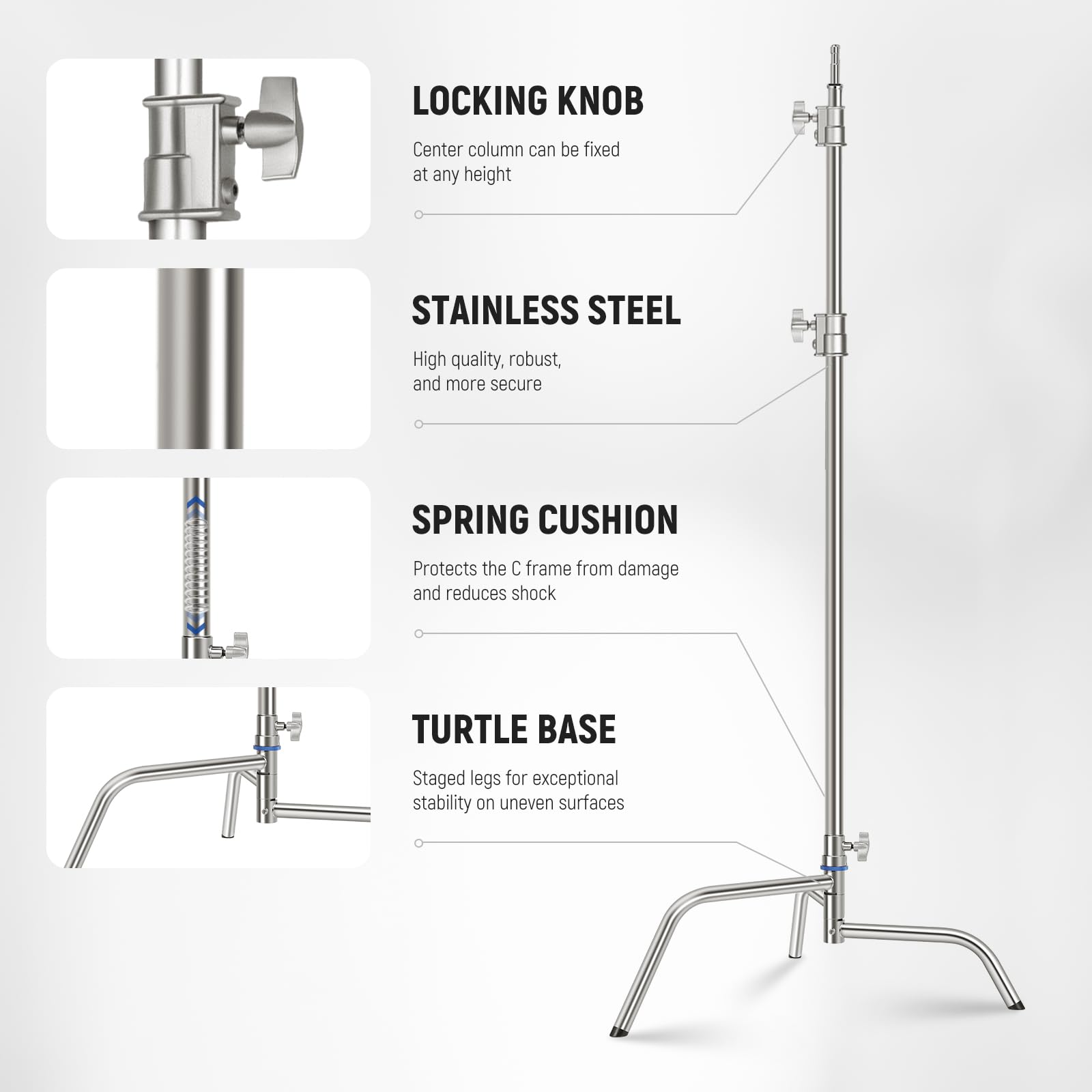 NEEWER Pro 100% Stainless Steel Heavy Duty C Stand with Boom Arm, Max Height 68"/172cm Photography Light Stand with 2.7ft/83cm Holding Arm, 2 Grip Head for Studio Monolight, Softbox, Reflector, SC172