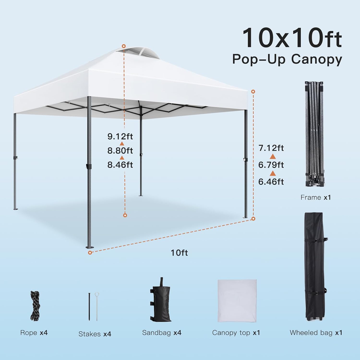 Amada 10x10ft 1-Person Setup Pop Up Canopy Tent - Easy Outdoor Sun Shade for Events, Parties, Camping, Gazebo with Wheel Cover Bag, Beach Tent with 3-Speed Adjustable Height,White