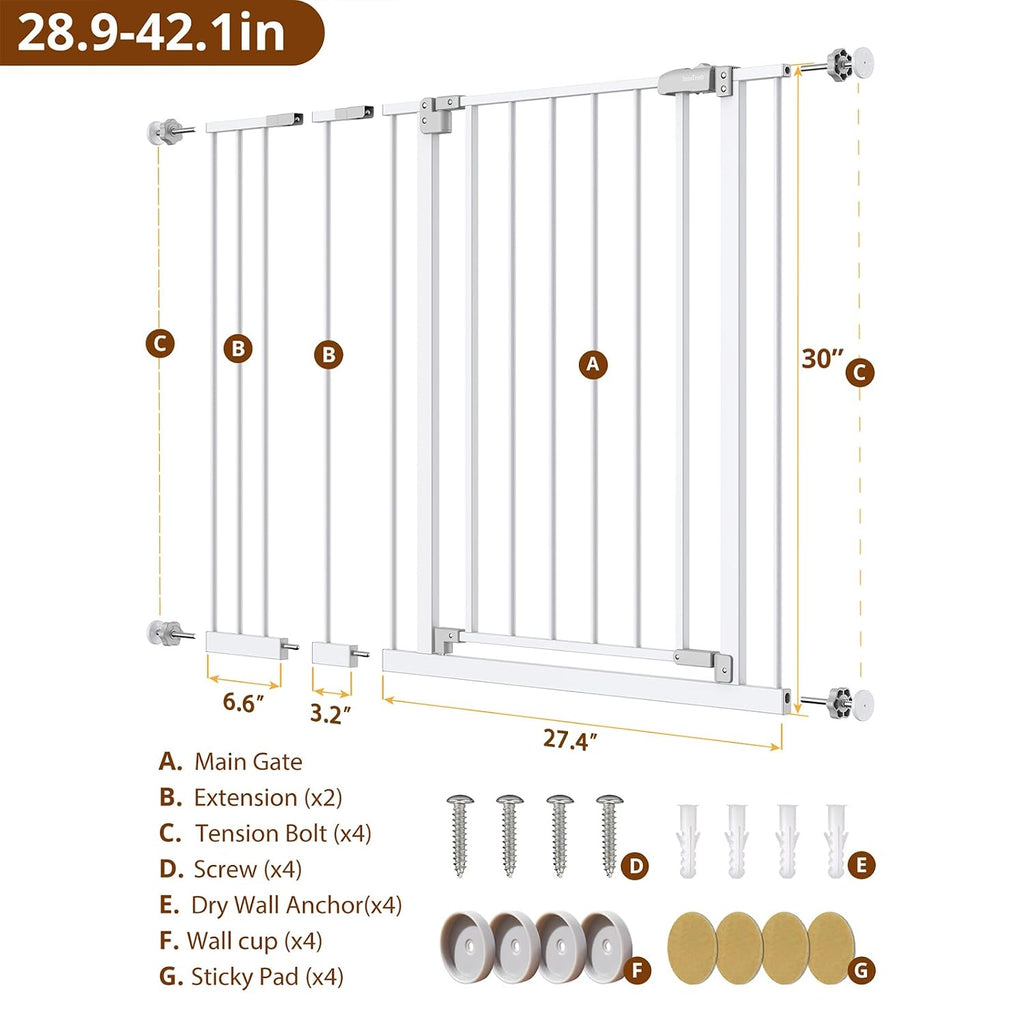 InnoTruth Baby Gate for Stairs 28.9-42.1" Wide, 30" Tall Easy Step Walk Through Expandable Dual Lock Dog Gates for the House, Metal Pressure Mounted Easy Install Pet Gate for Dogs, White