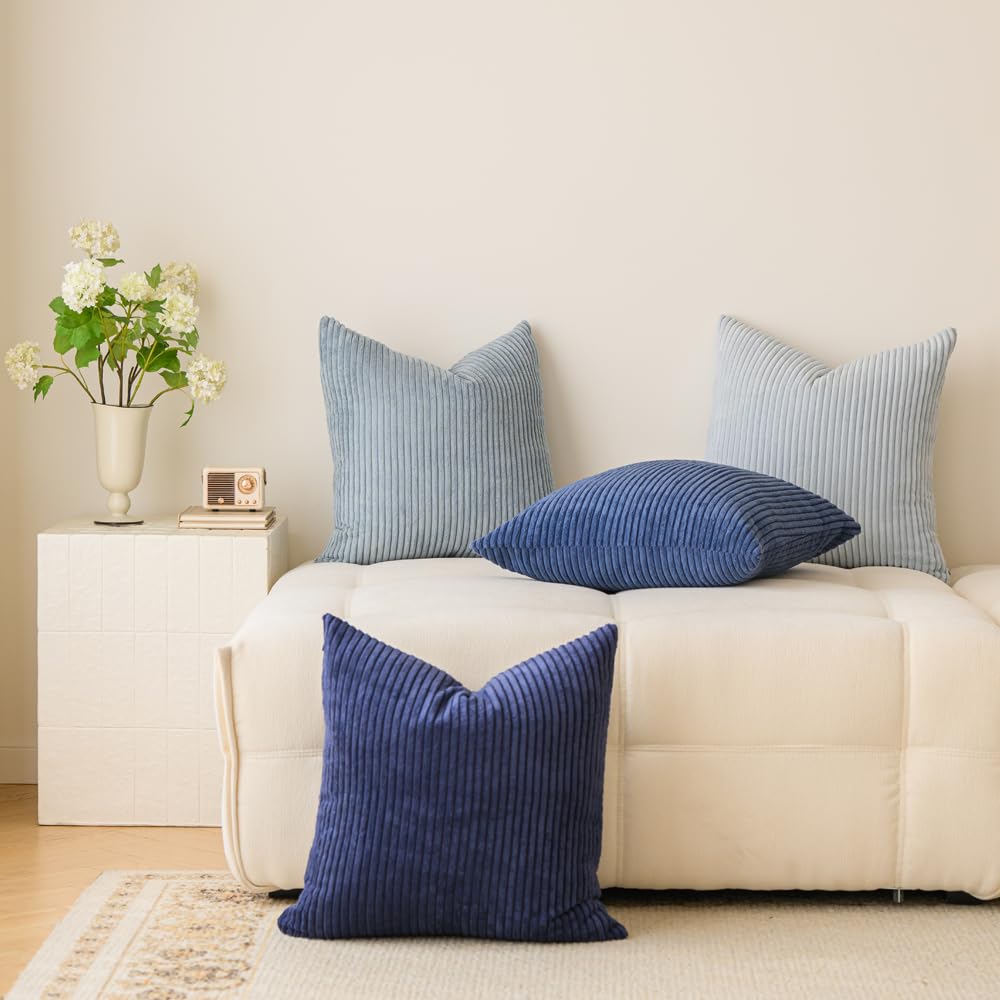 LANANAS Neutral Couch Throw Pillow Covers 18x18 Inch Set of 4 Decorative Farmhouse Boho Throw Pillows for Living Room, Couch, Bed, Sofa Soft Corduroy Accent Home Decor (Blue Ocean, 18x18 Inch)