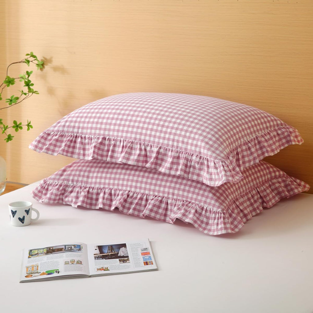 Silnuo Green/White Plaid Ruffled Queen Size Pillow Shams Set of 2,Washed Cotton Shabby Checkered Gingham Farmhouse Bed Pillow Covers 20"x30"