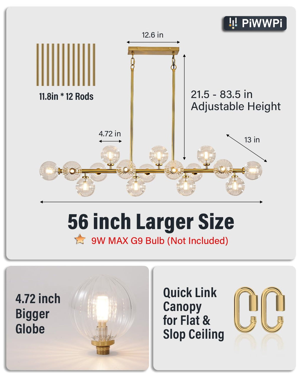 Modern Linear Chandeliers for Dining Room, 8-Light Globe Sputnik Pendant Ceiling Light, Black Dining Room Light Fixture Over Table, Mid Century Glass Milk White Bubble, 31.5 Inch, GC-09