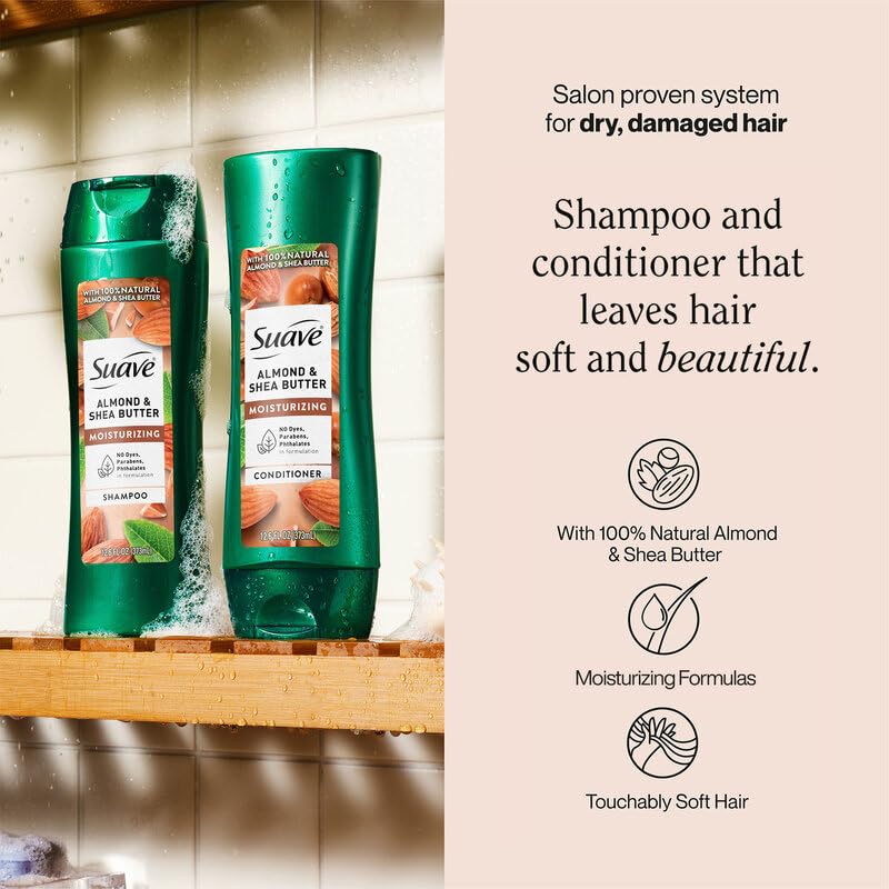 Suave Almond & Shea Butter Shampoo and Conditioner for Dry Hair – Moisturizing Hair Products for Women & Men, Frizz Control, 12.6 Oz Ea