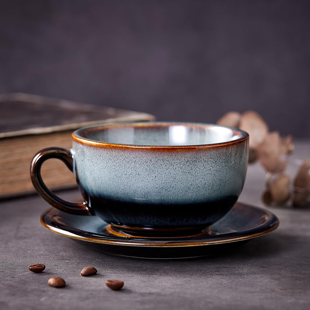 Coffeezone Vintage Design 12 oz Ceramic Latte Art Cappuccino Barista Cup with Saucer (Beige)