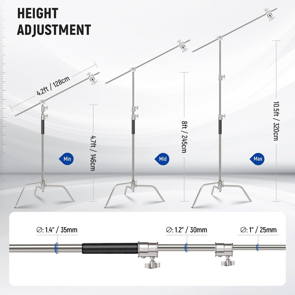 NEEWER Pro 100% Stainless Steel Heavy Duty C Stand with Boom Arm, Max Height 68"/172cm Photography Light Stand with 2.7ft/83cm Holding Arm, 2 Grip Head for Studio Monolight, Softbox, Reflector, SC172