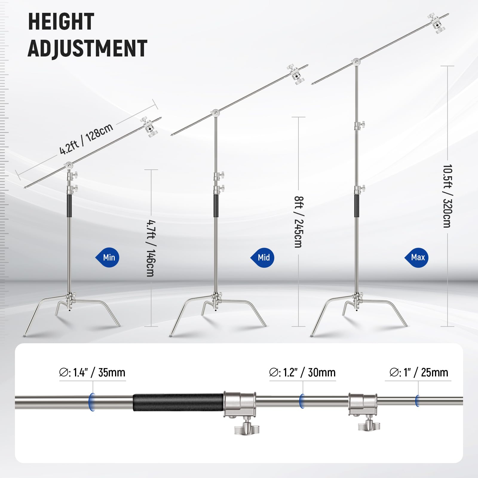 NEEWER Pro 100% Stainless Steel Heavy Duty C Stand with Boom Arm, Max Height 68"/172cm Photography Light Stand with 2.7ft/83cm Holding Arm, 2 Grip Head for Studio Monolight, Softbox, Reflector, SC172