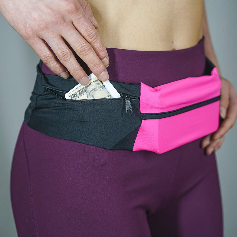 3 Pocket Adjustable Running Belt Waist Pack, Fanny Pack For Working Out With Sweat Resistant Backing, Holds All iPhone Models (Black/Black, X-Small)
