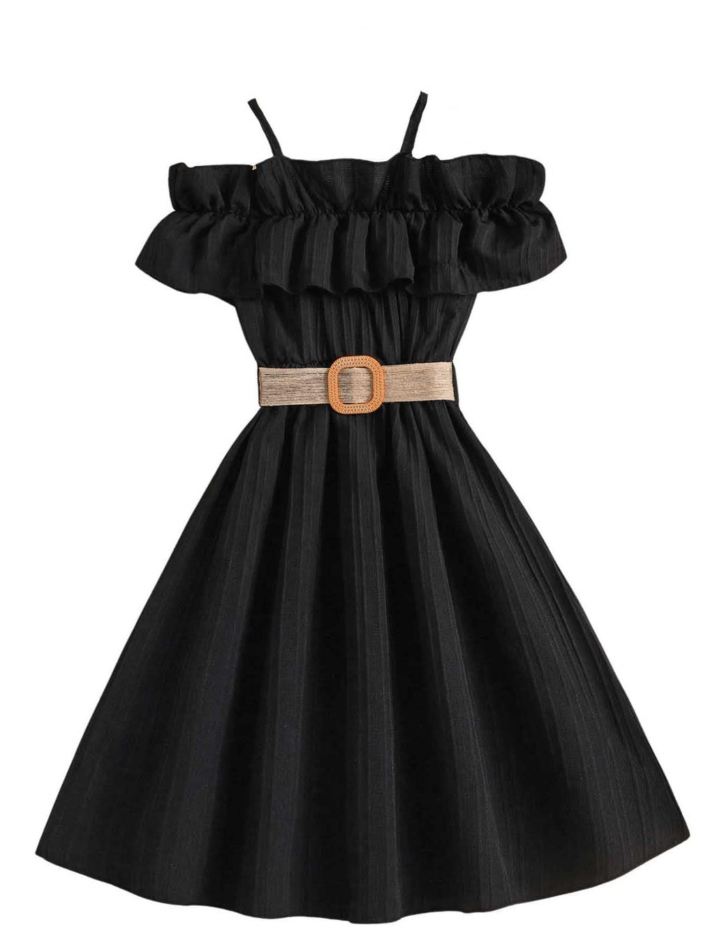 Floerns Girls Cold Shoulder Ruffle Trim Short Sleeve Belted A Line Midi Dress