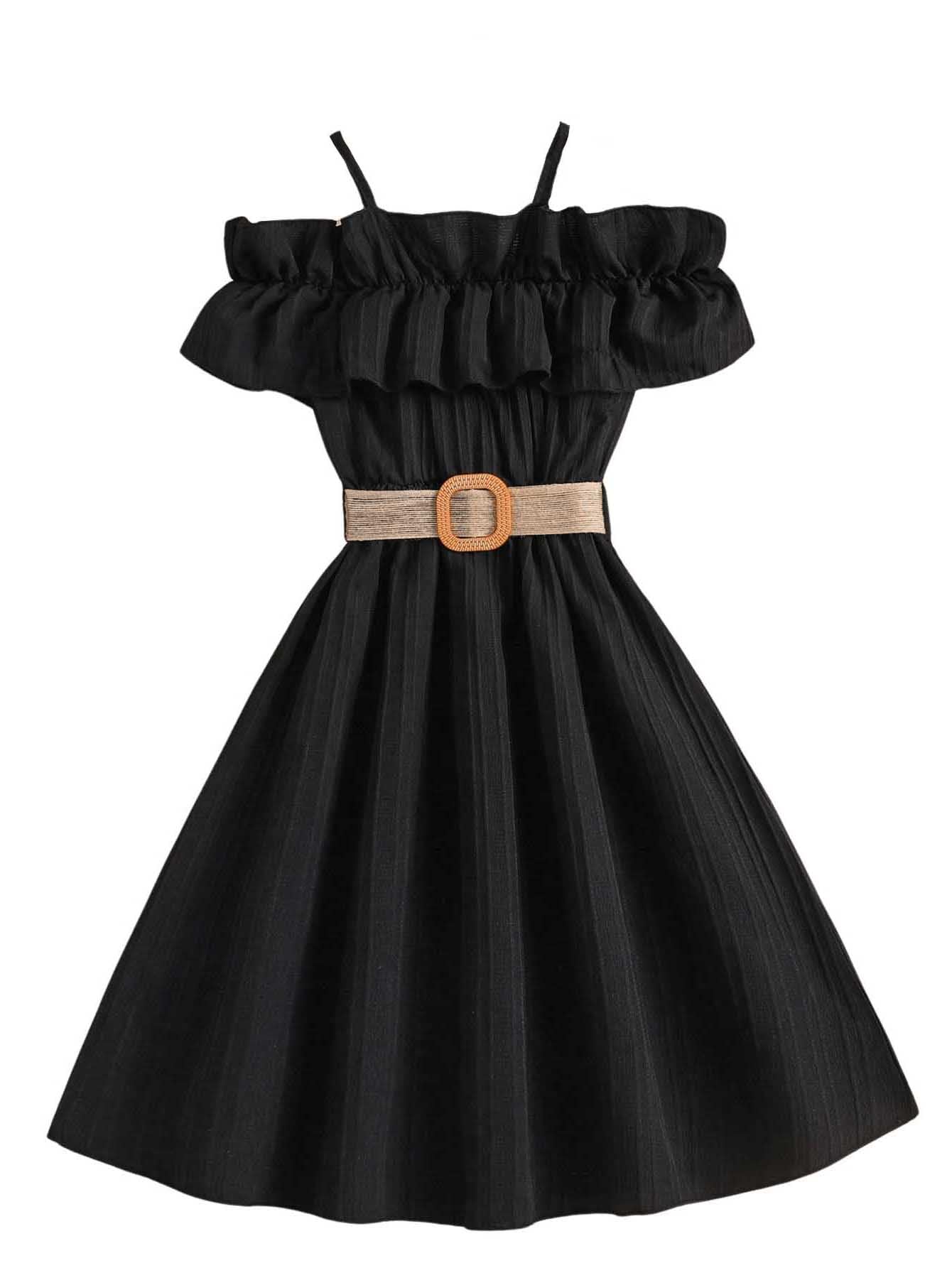 Floerns Girls Cold Shoulder Ruffle Trim Short Sleeve Belted A Line Midi Dress