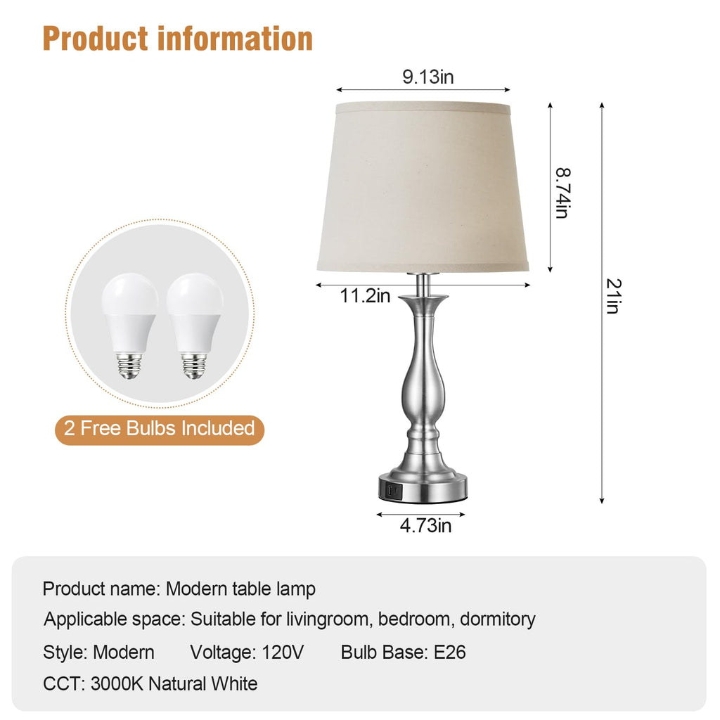 Bedside Table Lamp Touch Control Bedroom Lamps with USB A and C Charging Port 3 Way Dimmable Touch Lamps for Nightstand Living Room Bedroom Dorm Home Office Reading, Set of 2