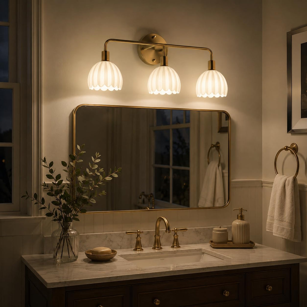 1-Light Gold Brass Bathroom Light Fixture,Wall Sconces set of 2,Brushed Gold Vanlity Light Over Mirror,Bathroom Vanity Light with White Tulip Glass Flower Shade,E26 Socket(Bulbs Not Included)