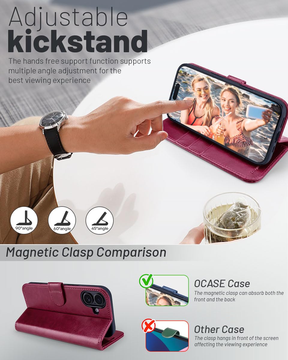 OCASE Compatible with iPhone 16 Wallet Case, PU Leather Flip Folio Case with Card Holders RFID Blocking Kickstand [Shockproof TPU Inner Shell] Phone Cover 6.1 Inch 2024, Black
